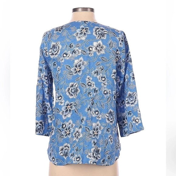 J. Jill | Blue Cream Floral Love Linen Split Neck 3/4 Sleeves Blouse Size XS - Picture 3 of 3